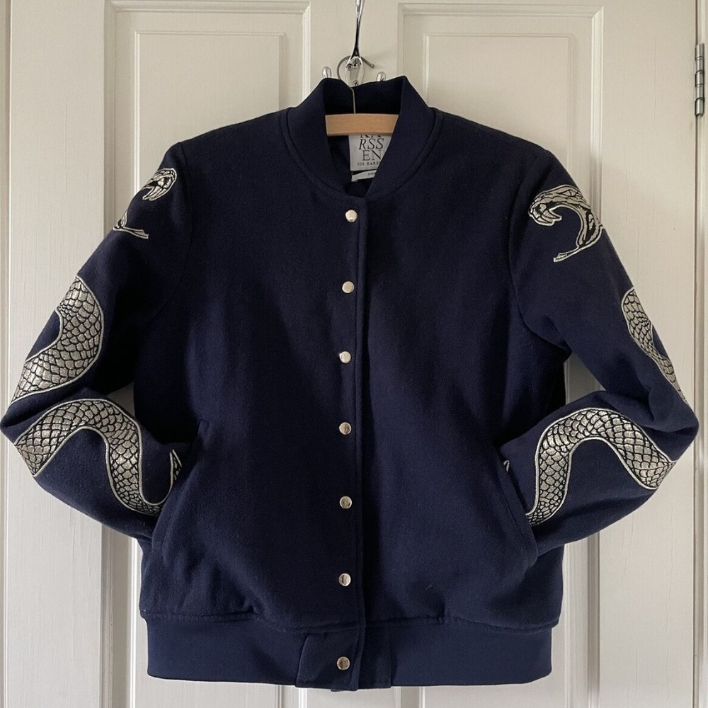 Karssen Navy Blue Wool Bomber with Gold Snake Embellishment